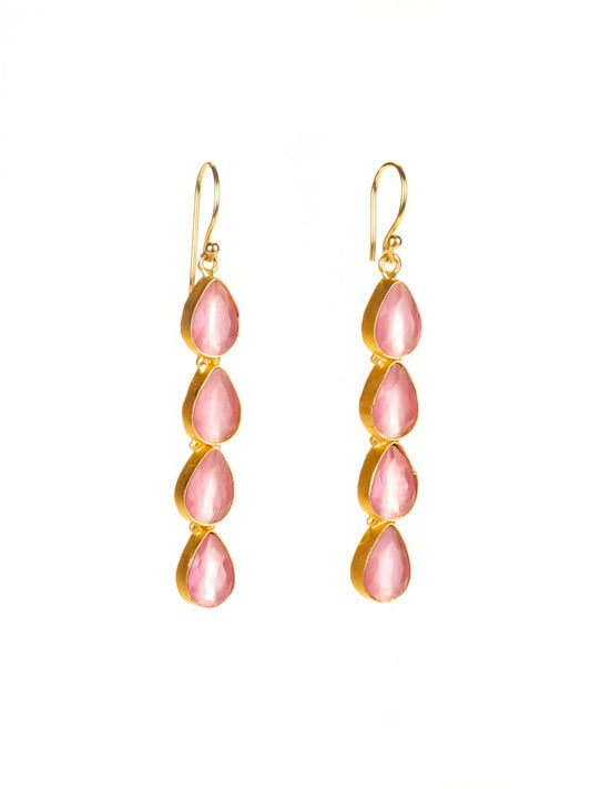 Gold Luxe earrings - pink teardrops.  Teardrop shaped pink glass joined to form a cascading earring on a gold hook.