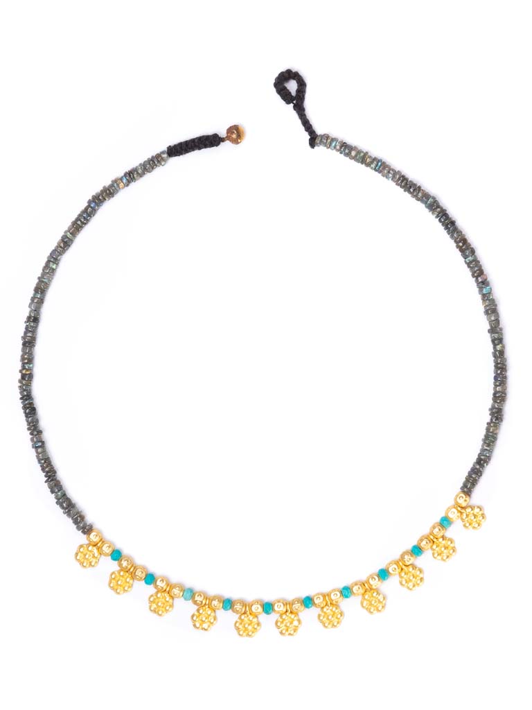 Labradorite and Turquoise with Gold Charms threaded Necklace
