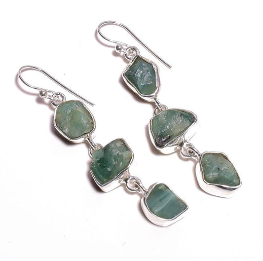 Silver Earring Triple Raw Emerald