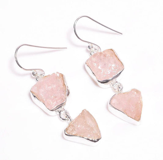 Silver Earring Double Drop Rose Quartz