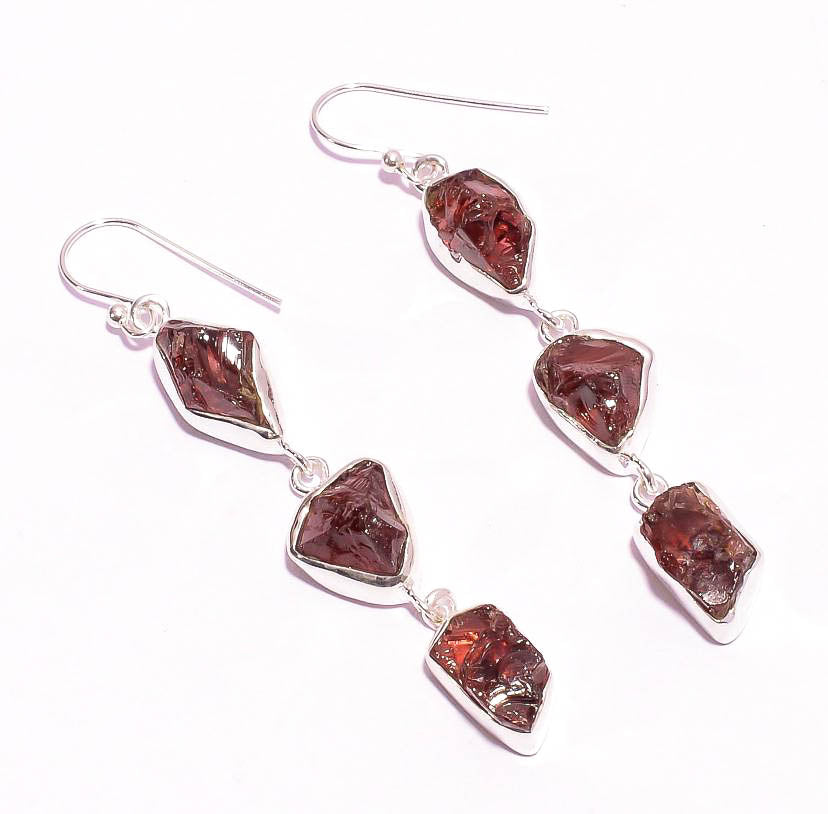 Silver Earring Triple Drop Garnet