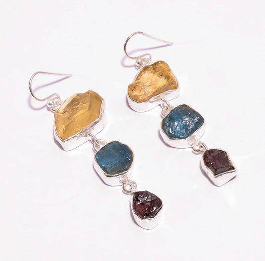 Silver Earring Triple Drop Neon Apatite, Smokey Quartz and Citrine