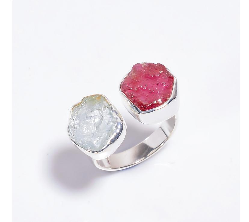 Silver Ring Double Aqua Marine/Ruby