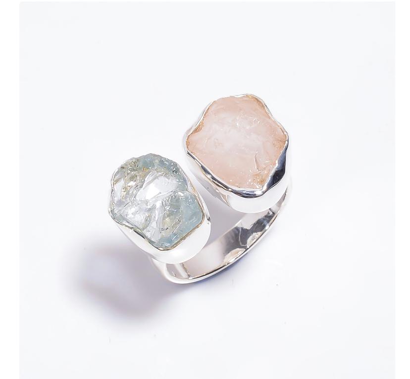 Silver Ring Double Aqua-Marine/Rose Quartz