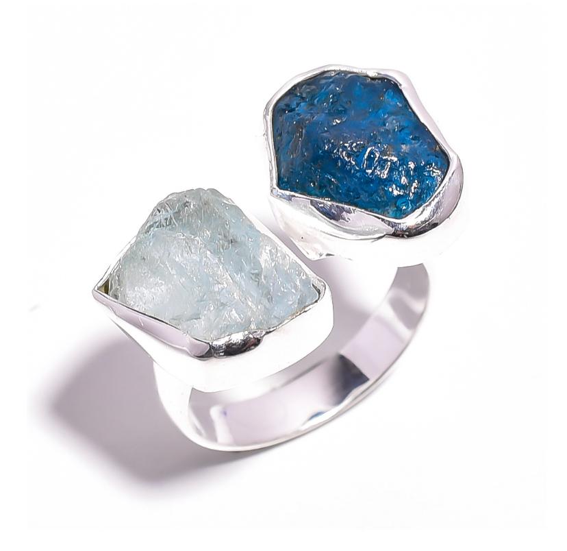 Silver Ring Double Aqua Marine/Neon Apatite