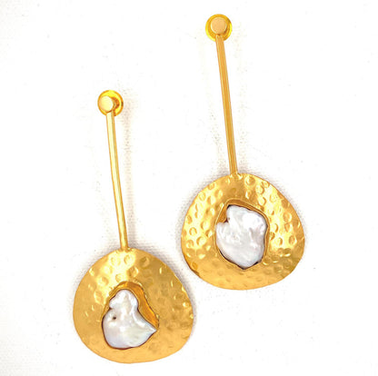 Beaten Tribal disc earrings - natural stone