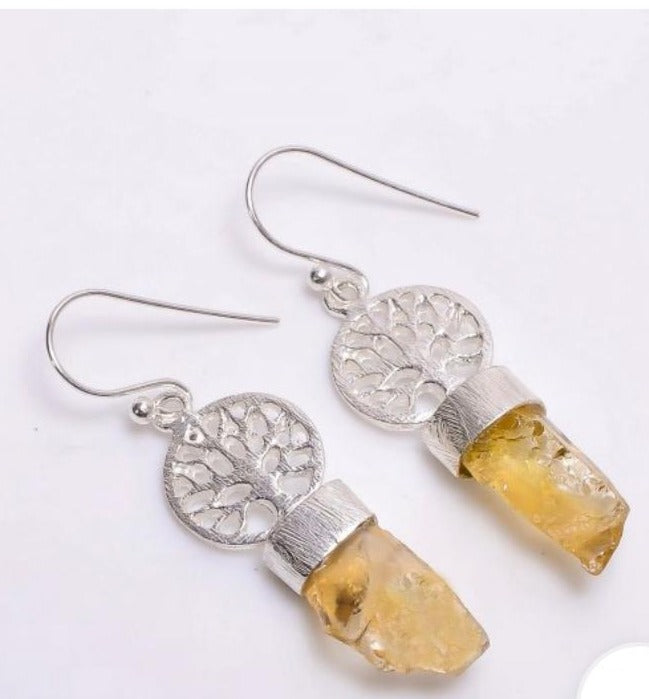 Tree of life earring with citrine raw cut crystal