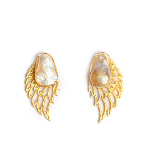 Pearl stud angel wing earrings