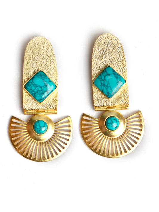 Gold luxe statement earrings. The beautiful retro shapes in this design enhance the turquoise settings.