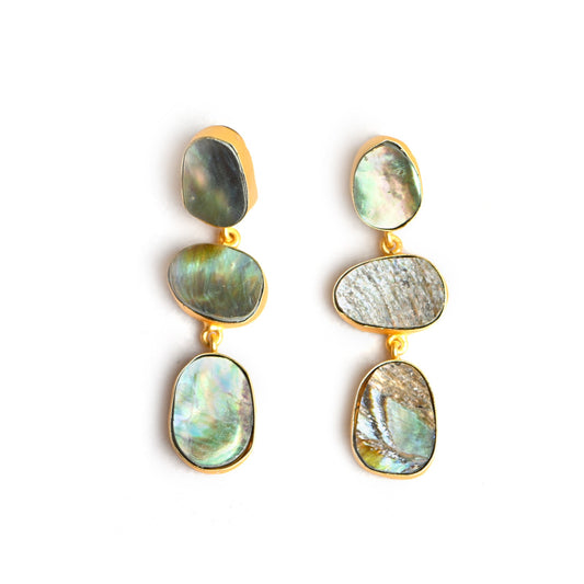 Gold luxe  earrings - a trifecta of abalone (Paua shell) encased in gold 