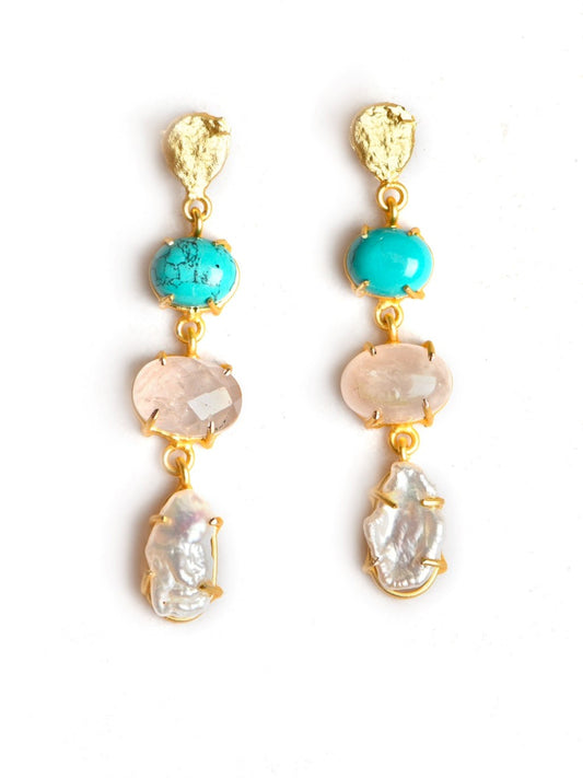 Gold luxe statement earrings. Turquoise, rose quartz and pearl. with gold claw setting. Stud back. Approx length 5cm
