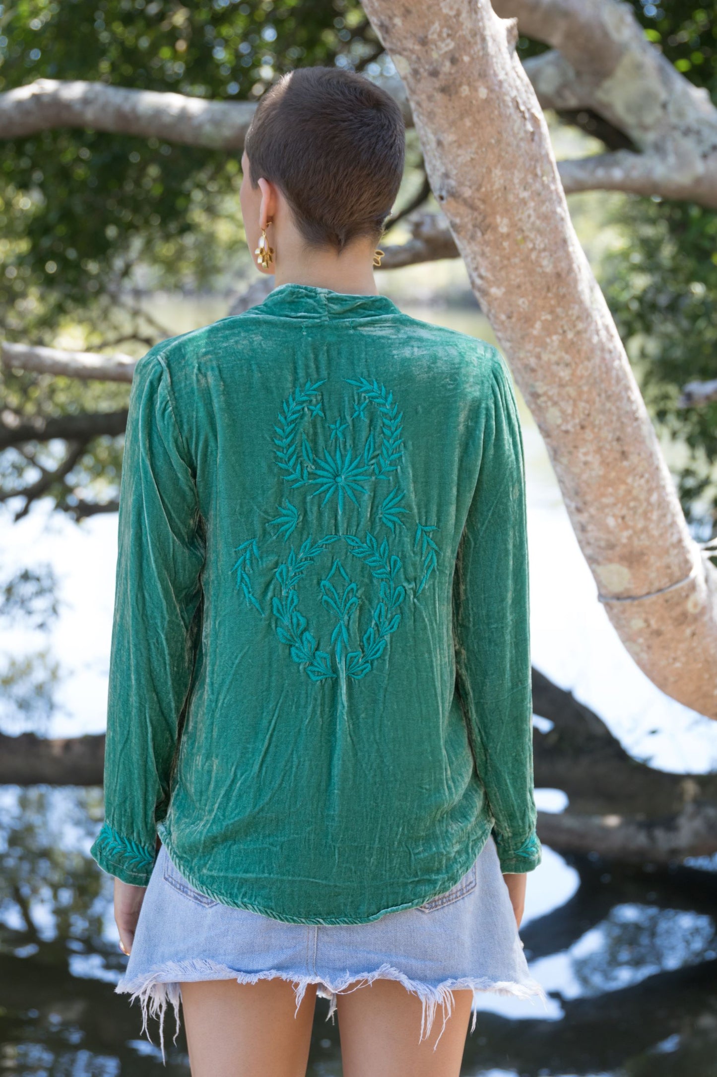 Rear of silk velvet jacket showing embroidery detail