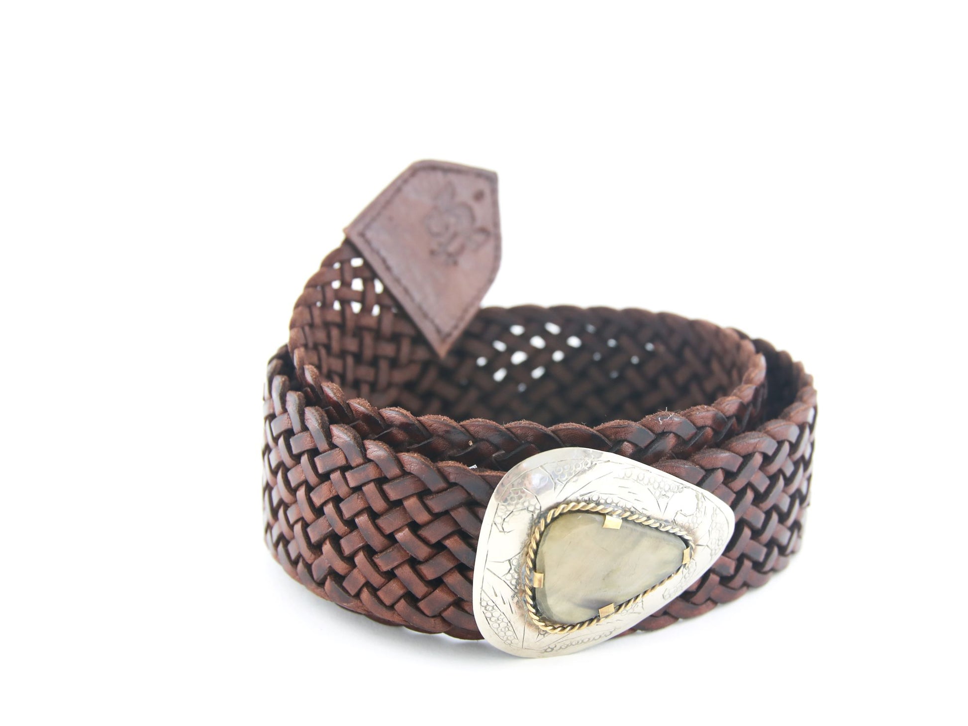 Narrow chocolate woven belt with teardrop buckle - tfa