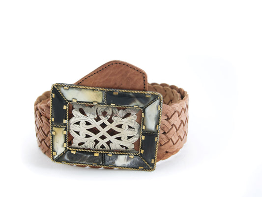 Tan woven leather belt with aziza buckle-tfa