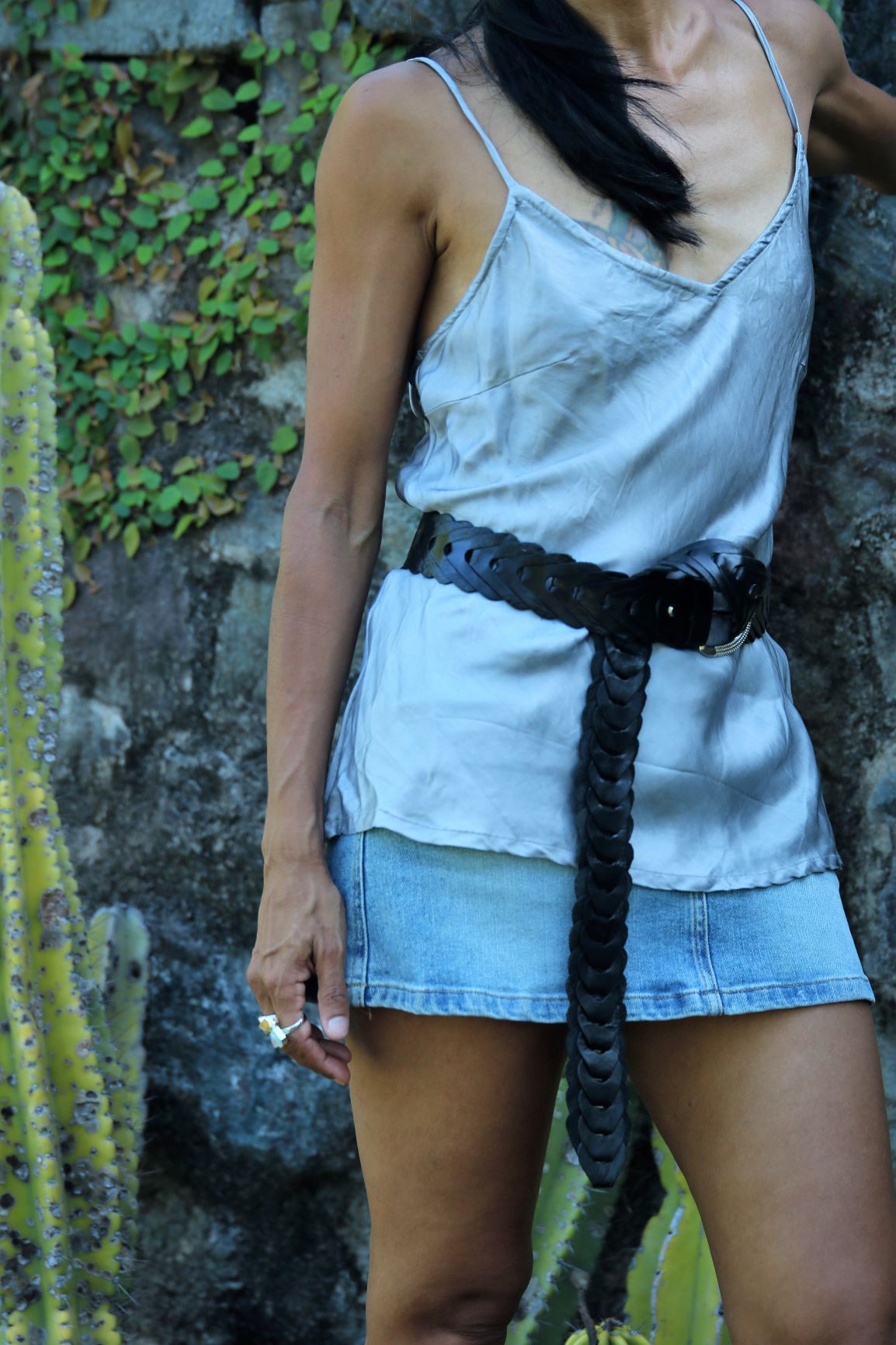 Woman wearing satin cami  and leather belt - tfa