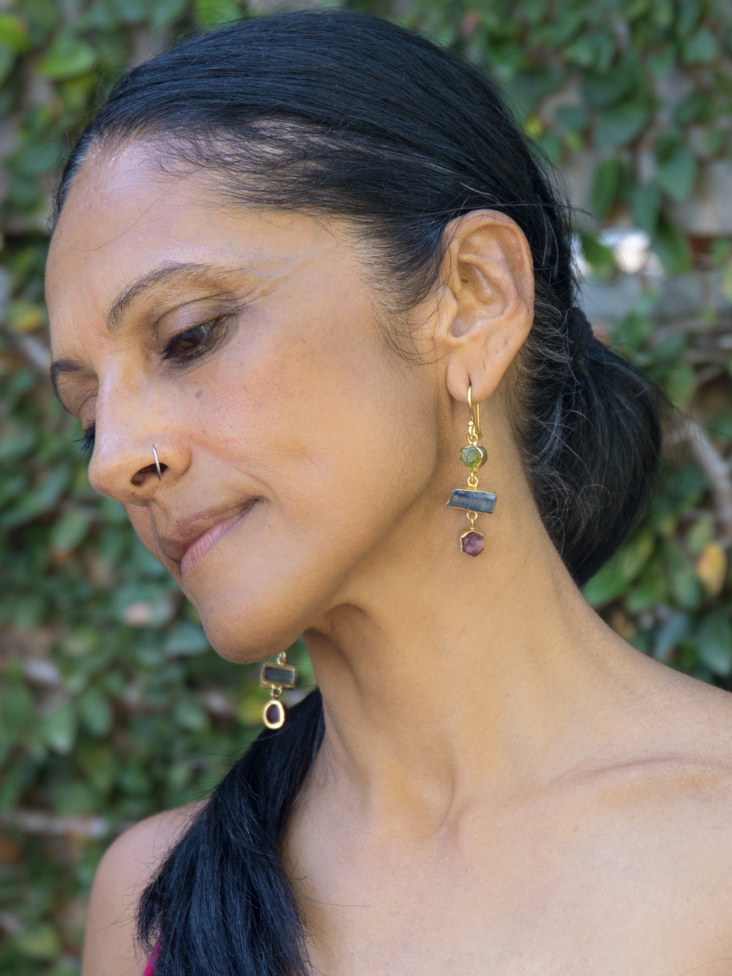 Gold Luxe earrings - triple drop gems peridot, kyanite & ruby