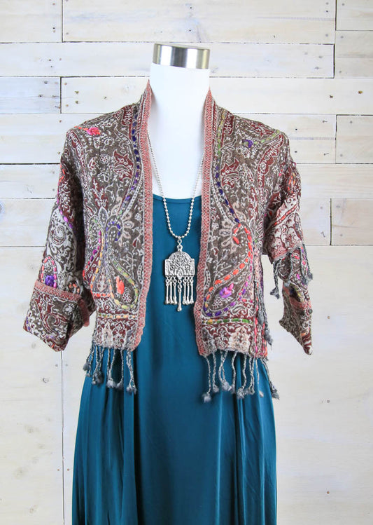 Kashmiri wool jacket with paisley design stitched in
