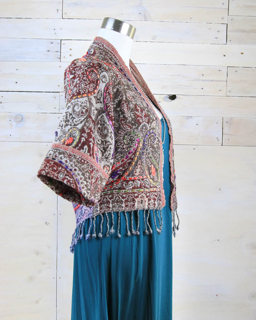 Kashmiri soft fringed wool jacket. Brown and Purple Tones. Size 10