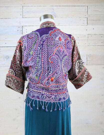 Kashmiri soft fringed wool jacket. Brown and Purple Tones. Size 10