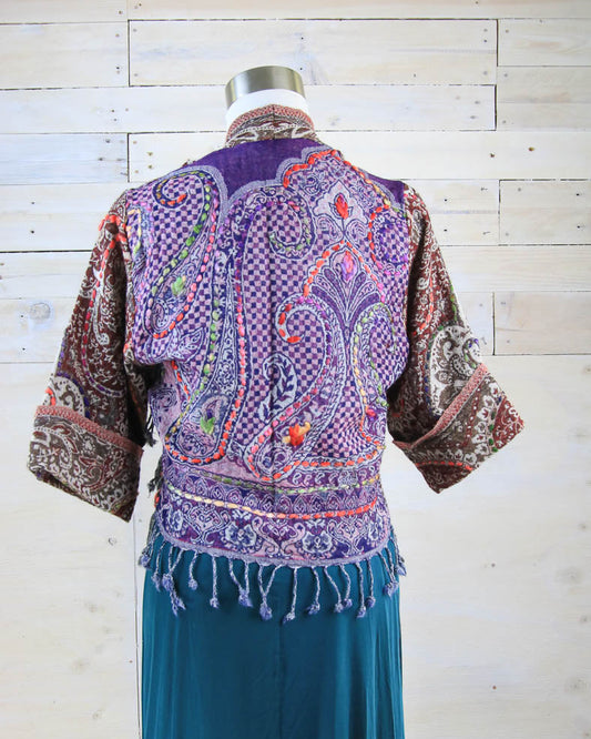 Kashmiri soft fringed wool jacket. Brown and Purple Tones. Size 10