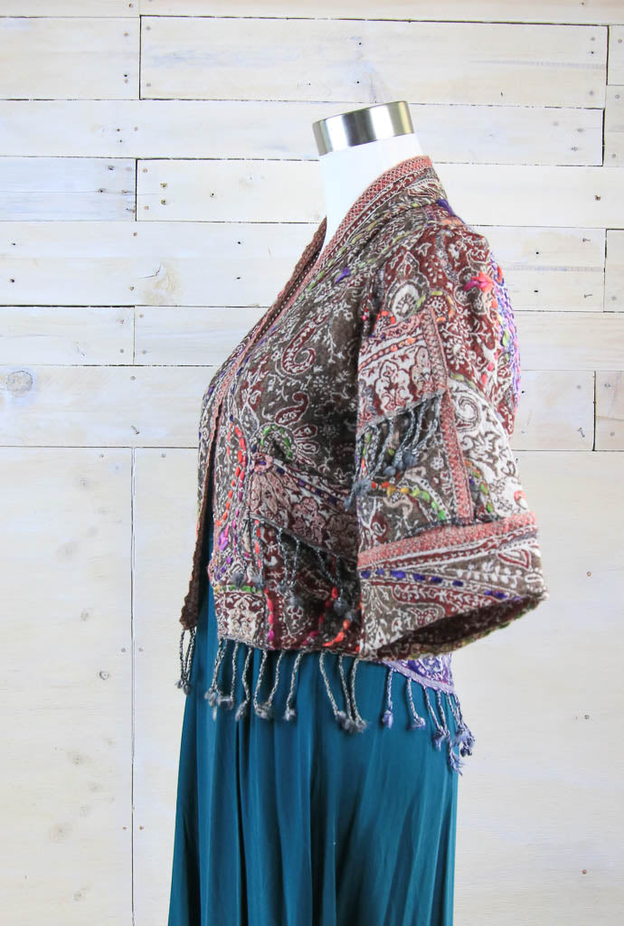 Kashmiri soft fringed wool jacket. Brown and Purple Tones. Size 10