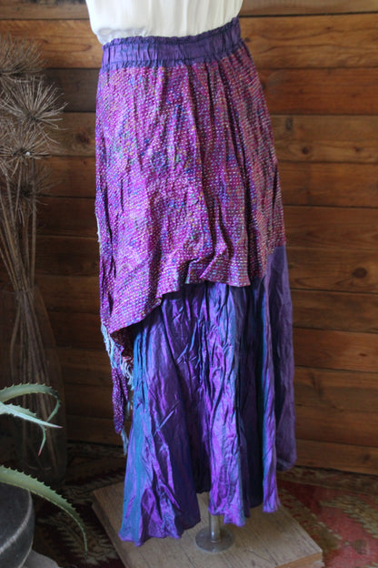 Purple silk skirt with kantha scarf trim