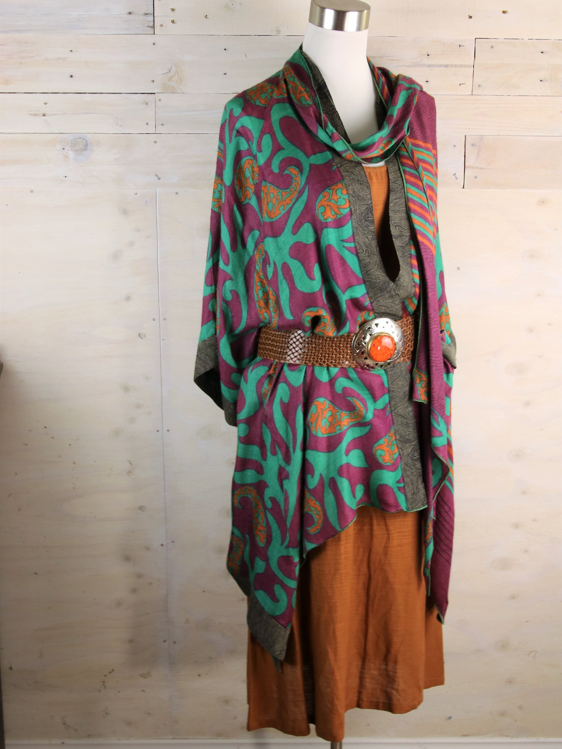 Wool Kimono on mannequin with leather belt