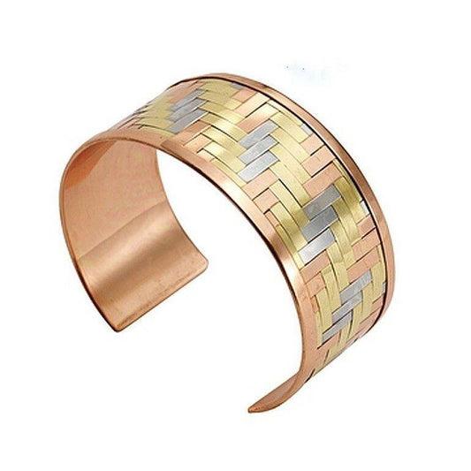 A tri-woven cuff with silver brass and coppper