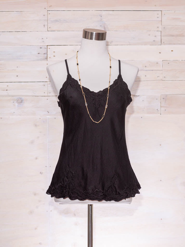 Silk cami in black with embroidery