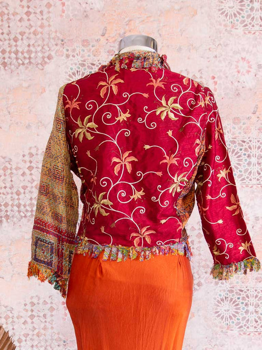 Deep red dupion with various shades of kantha and blue and pink stitching Jacket