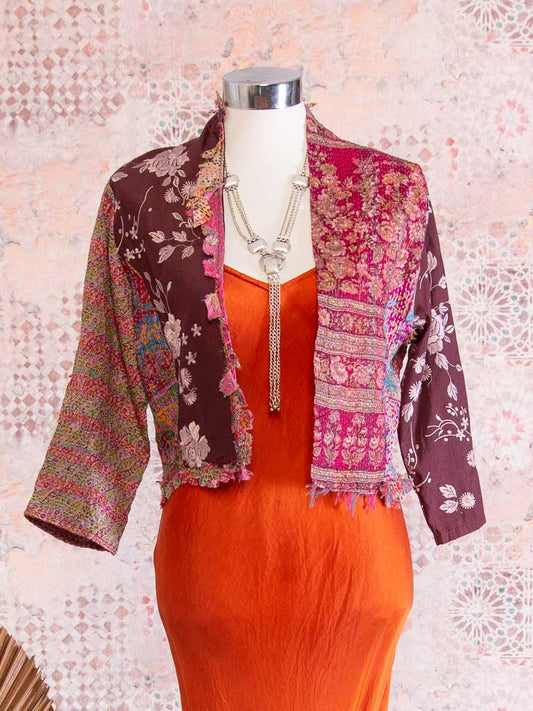 Deep plum dupion with dark pinks shades of kantha and blue and pink stitching Jacket