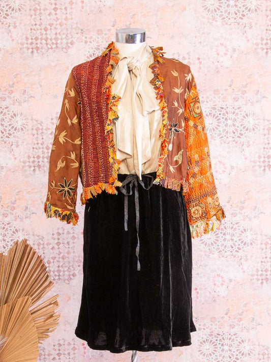 Rich brown and orange dupion with a chestnut kantha in exotic embroidered vine patterns Jacket