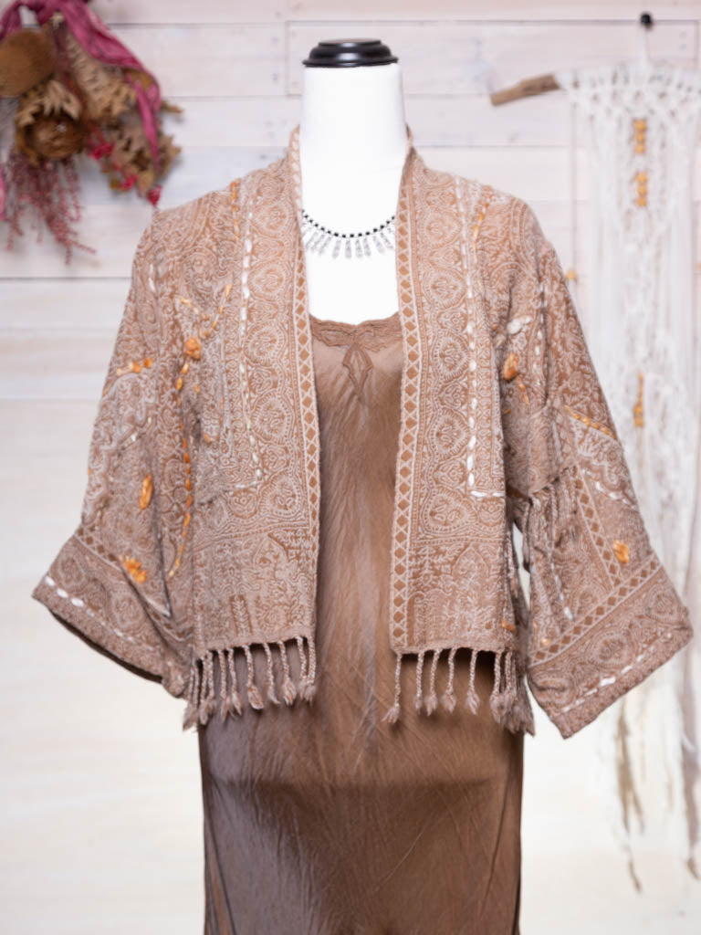 Kashmiri soft fringed wool jacket. Caramel tones. Size 12