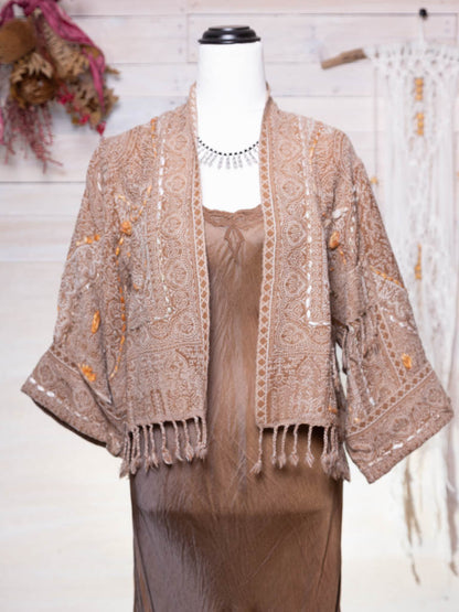 Kashmiri soft fringed wool jacket. Caramel tones. Size 12