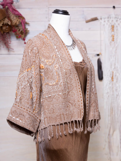 Kashmiri soft fringed wool jacket. Caramel tones. Size 12