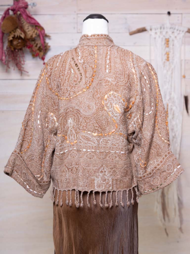 Kashmiri soft fringed wool jacket. Caramel tones. Size 12