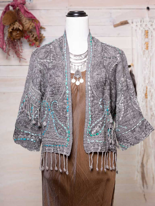 Kashmiri soft fringed wool jacket. Aqua Mists Paisley Design. Size 10