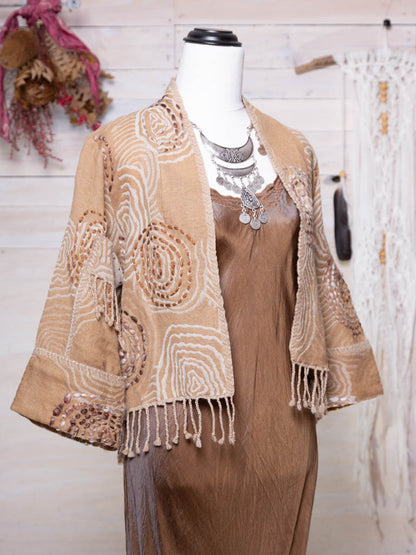 Kashmiri soft fringed wool jacket. Earthy Tones, Circular design Size 10