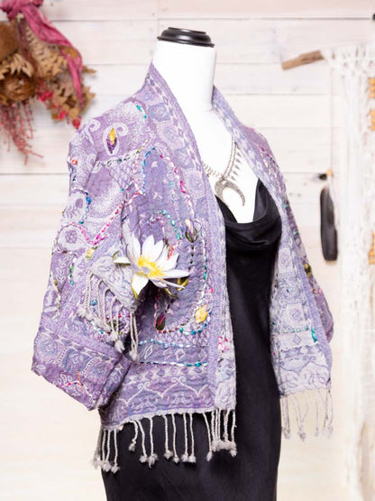 Kashmiri soft fringed wool jacket. Amethyst Tones, floral Design. Size 12