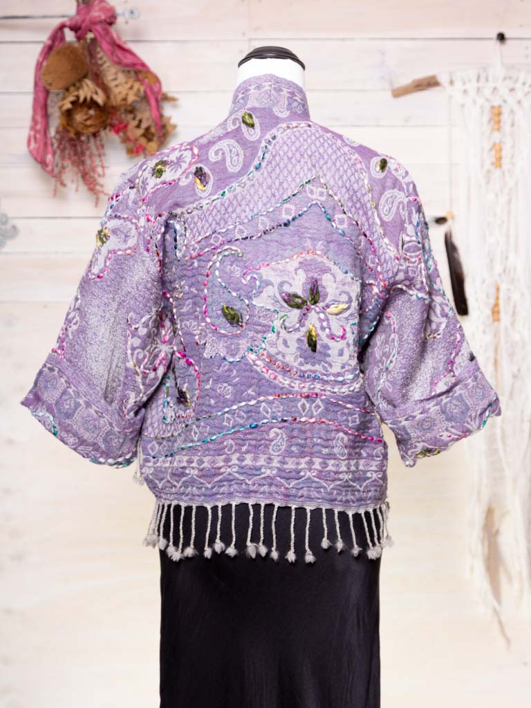 Kashmiri soft fringed wool jacket. Amethyst Tones, floral Design. Size 12