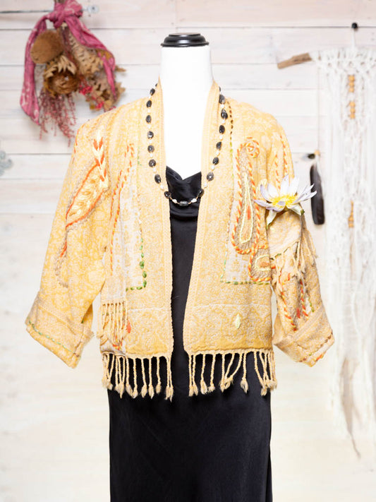 Kashmiri soft fringed wool jacket. Lemon Fizz size 10