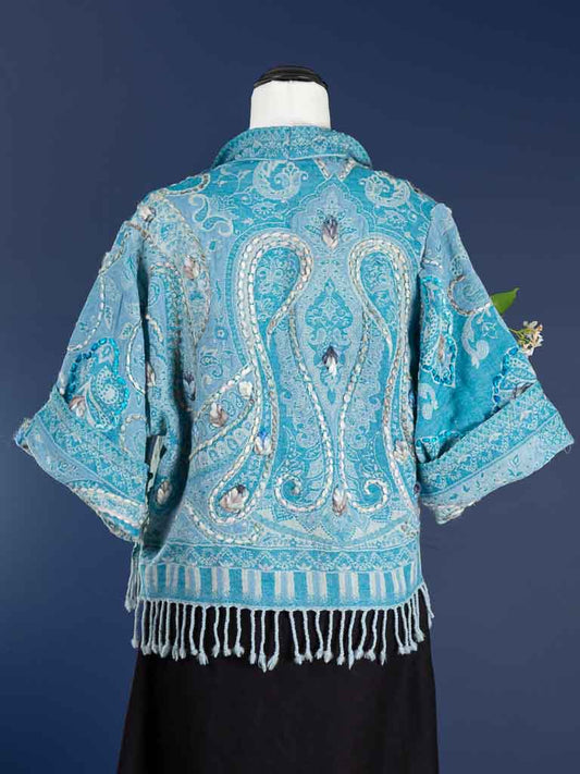 Kashmiri soft fringed wool jacket. Blue Skies