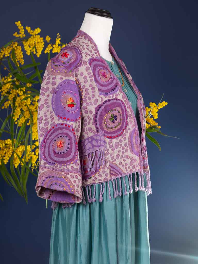 Kashmiri soft fringed wool jacket. Violet Pointillism. Size 12