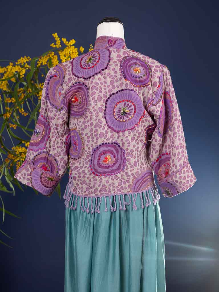 Kashmiri soft fringed wool jacket. Violet Pointillism. Size 12