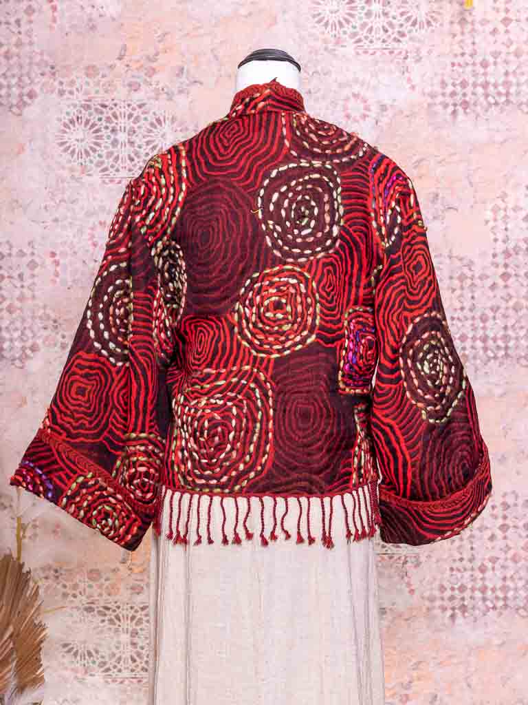 Kashmiri soft fringed wool jacket. Red Crop Circles. size 14