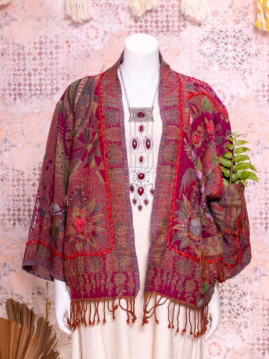 Koshur oversized soft fringed wool jacket. Autumn Reds with Garden Highlights