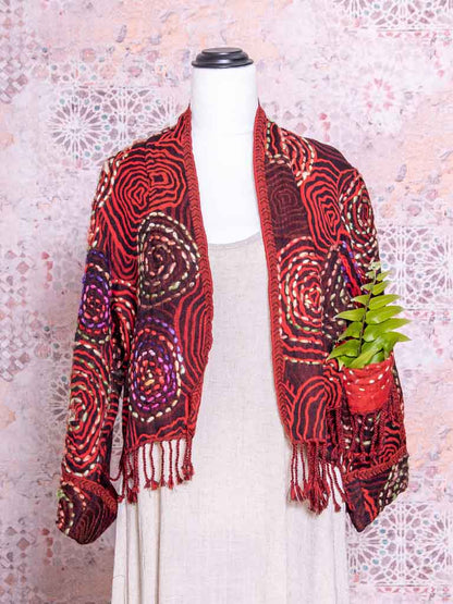 Kashmiri soft fringed wool jacket. Red Crop Circles. size 14