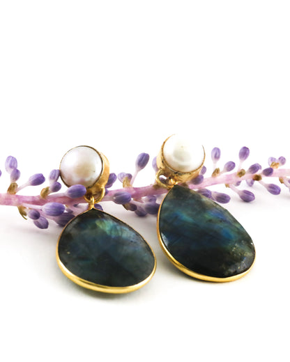 Pear and labradorite gold earrings