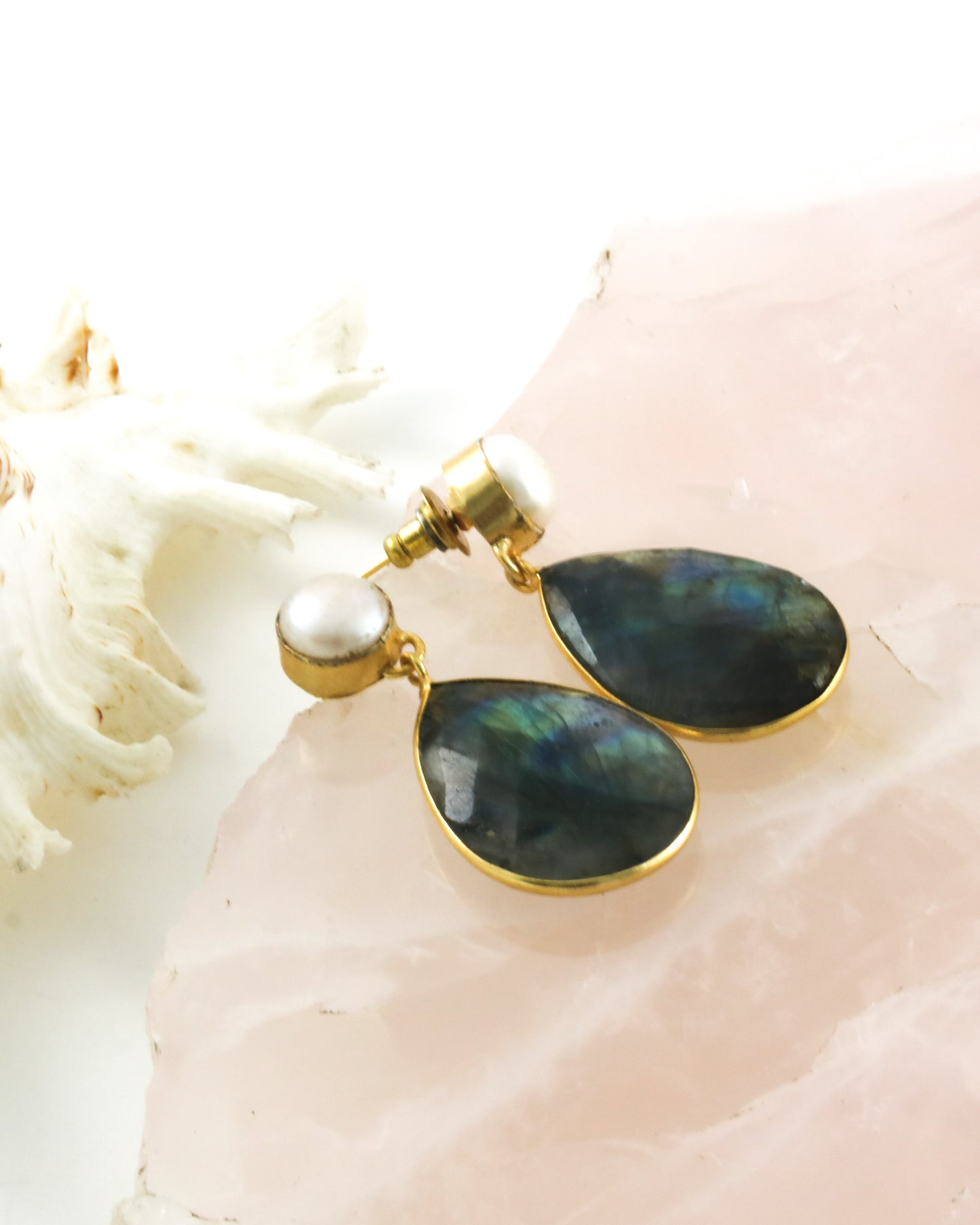 Gold luxe statement earrings labradorite and pearl