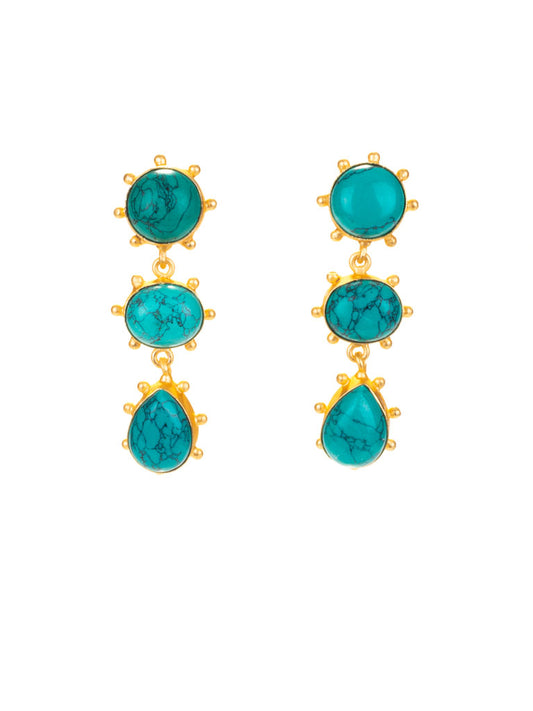 Gold Luxe Earrings Triple Turquoise Drop with Domes